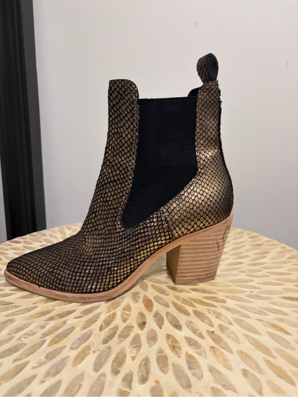 Dolce Vita Metallic Gold Snake-Embossed Chelsea Bootie with Block Heel